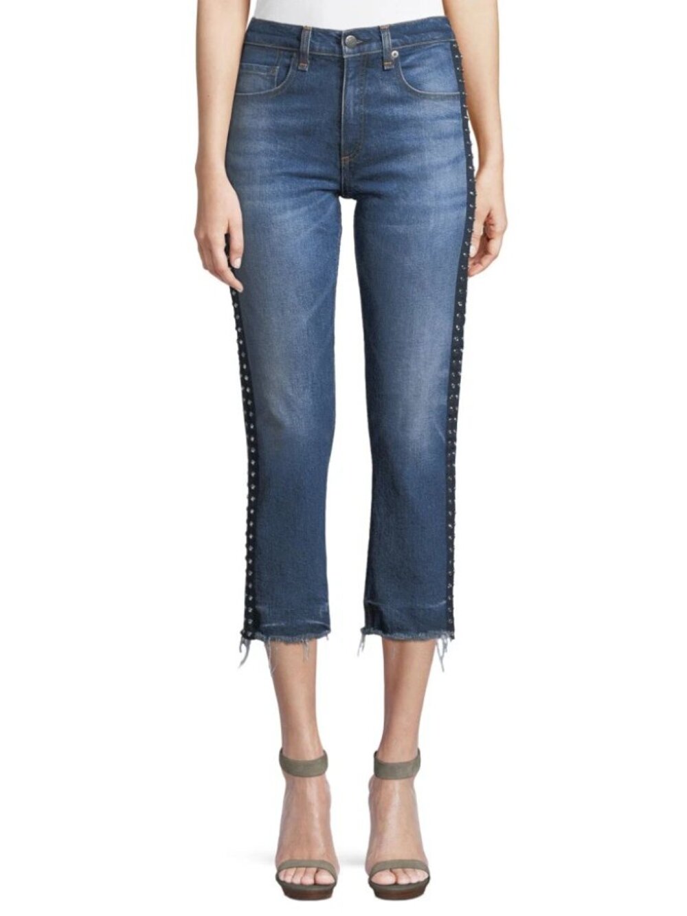 Veronica Beard Ines High Rise Jeans with Studded Side Stripe and Raw Hem Sz 26